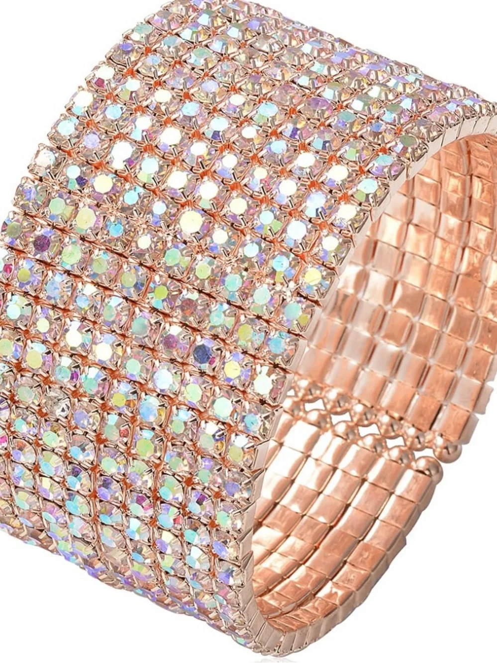 Simulated Mystic White Crystal Multi Row Bangle Bracelet in Rose Tone 7”